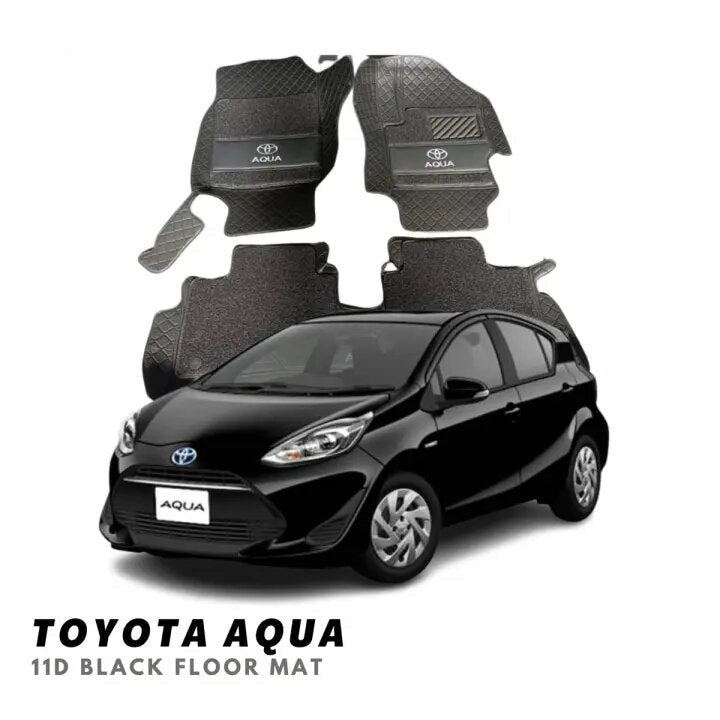 Toyota Aqua 11D Luxury Floor Mats Black with Black Grass Mat - 3Pcs